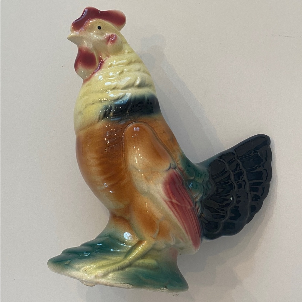 Vintage Ceramic Rooster Planter  Royal Copley‎ Green, Yellow, Red, Brown USA